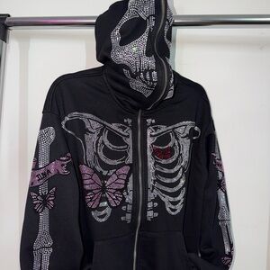 Black Rhinestone Skeleton & Butterfly Zip Hoodie